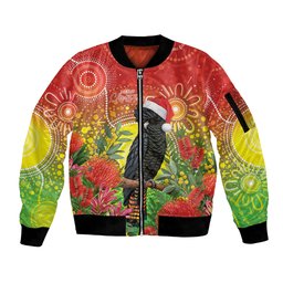 Australia Christmas Black Cockatoo Sleeve Zip Bomber Jacket Aboriginal Art