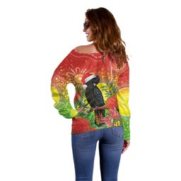 Australia Christmas Black Cockatoo Off Shoulder Sweater Aboriginal Art