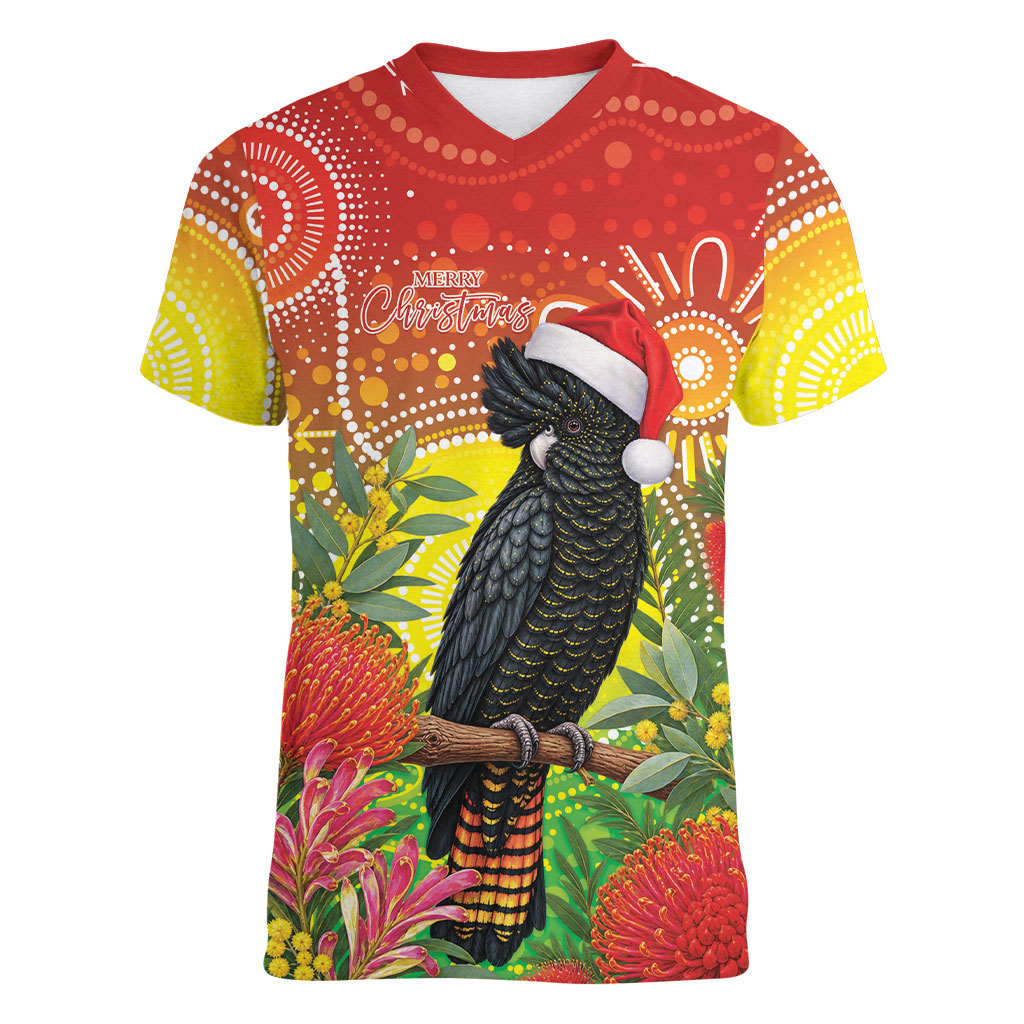 Australia Christmas Black Cockatoo Women V-Neck T-Shirt Aboriginal Art