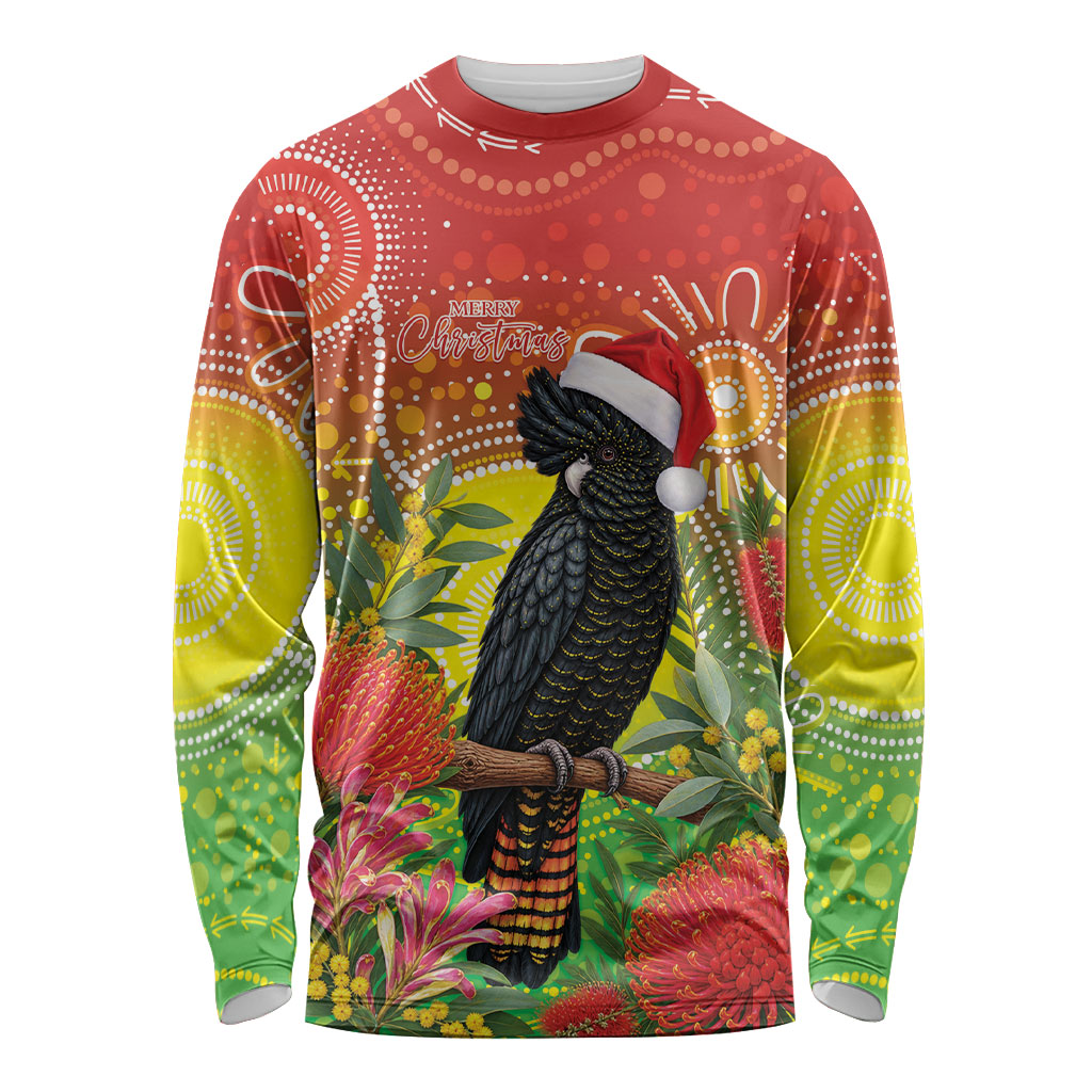 Australia Christmas Black Cockatoo Long Sleeve Shirt Aboriginal Art