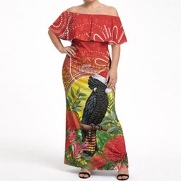Australia Christmas Black Cockatoo Off Shoulder Maxi Dress Aboriginal Art