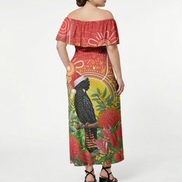 Australia Christmas Black Cockatoo Off Shoulder Maxi Dress Aboriginal Art