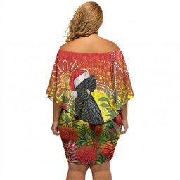 Australia Christmas Black Cockatoo Off Shoulder Short Dress Aboriginal Art