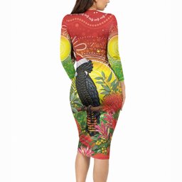 Australia Christmas Black Cockatoo Long Sleeve Bodycon Dress Aboriginal Art