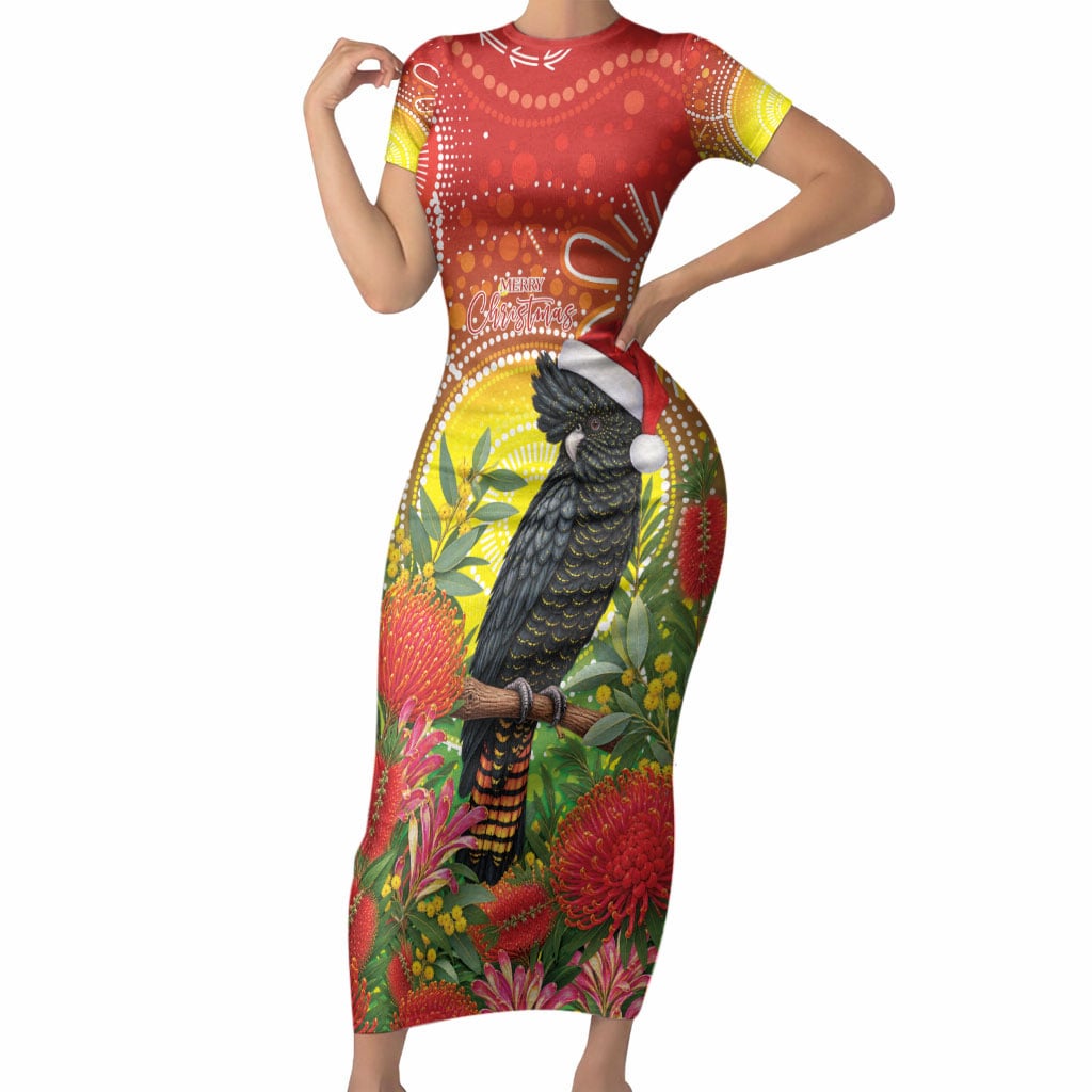 Australia Christmas Black Cockatoo Short Sleeve Bodycon Dress Aboriginal Art