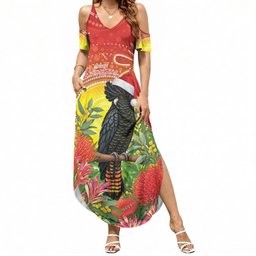 Australia Christmas Black Cockatoo Summer Maxi Dress Aboriginal Art