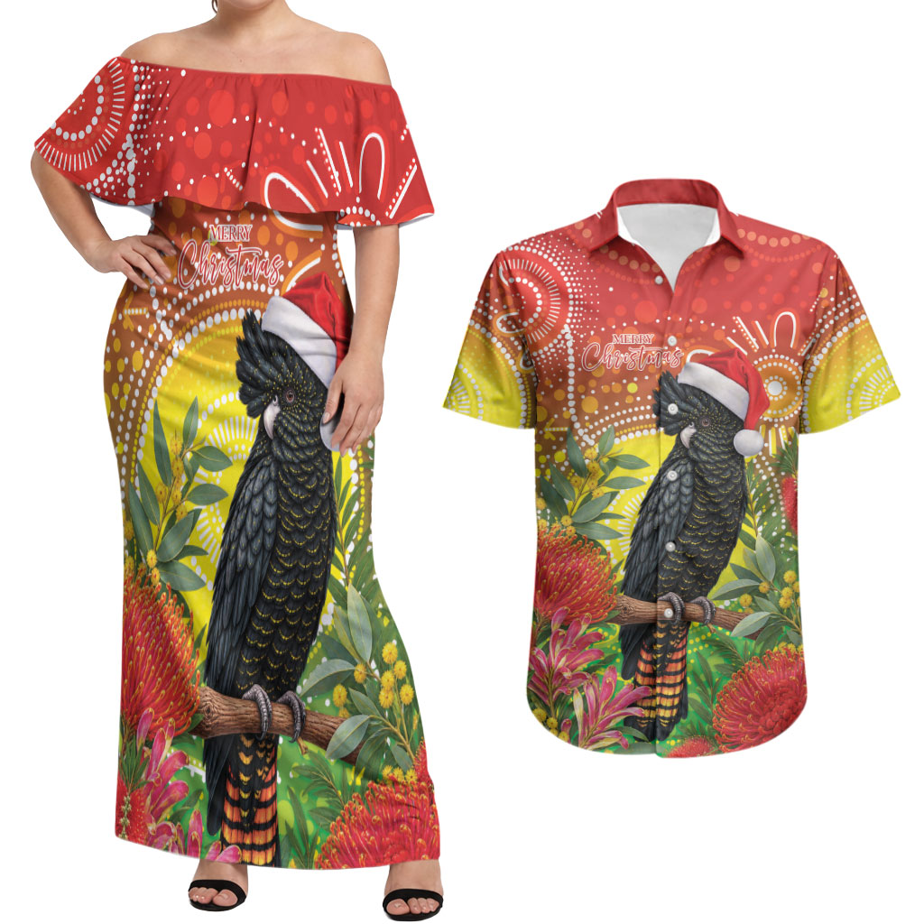 Australia Christmas Black Cockatoo Couples Matching Off Shoulder Maxi Dress and Hawaiian Shirt Aboriginal Art