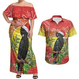 Australia Christmas Black Cockatoo Couples Matching Off Shoulder Maxi Dress and Hawaiian Shirt Aboriginal Art