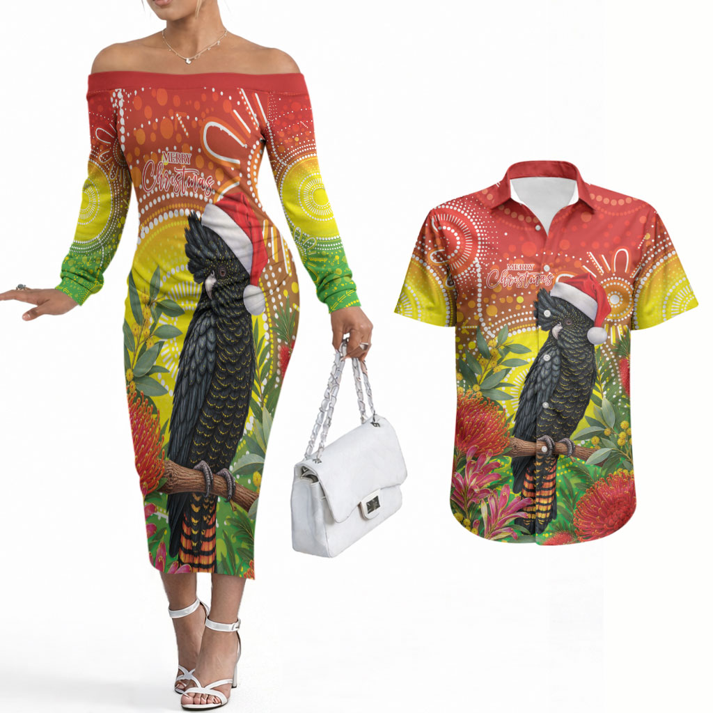 Australia Christmas Black Cockatoo Couples Matching Off The Shoulder Long Sleeve Dress and Hawaiian Shirt Aboriginal Art