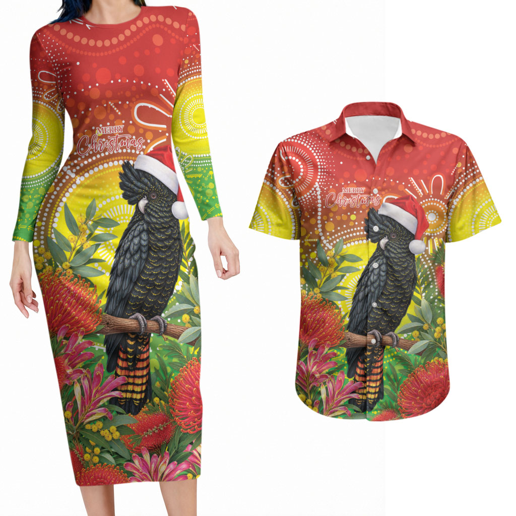 Australia Christmas Black Cockatoo Couples Matching Long Sleeve Bodycon Dress and Hawaiian Shirt Aboriginal Art