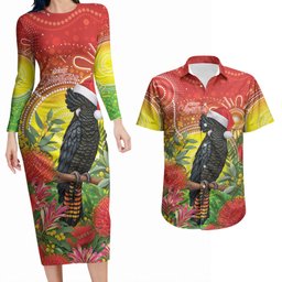 Australia Christmas Black Cockatoo Couples Matching Long Sleeve Bodycon Dress and Hawaiian Shirt Aboriginal Art