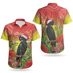 Australia Christmas Black Cockatoo Couples Matching Off The Shoulder Long Sleeve Dress and Hawaiian Shirt Aboriginal Art