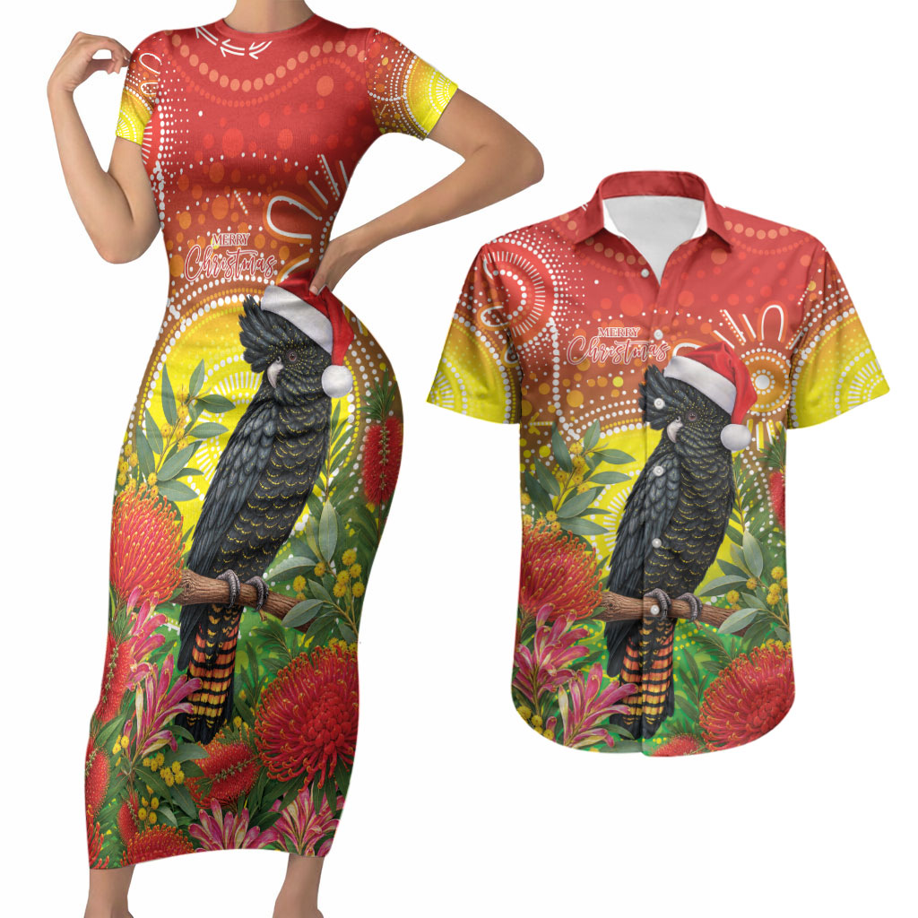 Australia Christmas Black Cockatoo Couples Matching Short Sleeve Bodycon Dress and Hawaiian Shirt Aboriginal Art