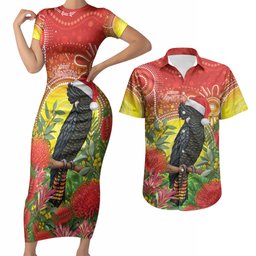 Australia Christmas Black Cockatoo Couples Matching Short Sleeve Bodycon Dress and Hawaiian Shirt Aboriginal Art