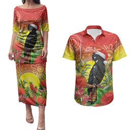 Australia Christmas Black Cockatoo Couples Matching Puletasi and Hawaiian Shirt Aboriginal Art