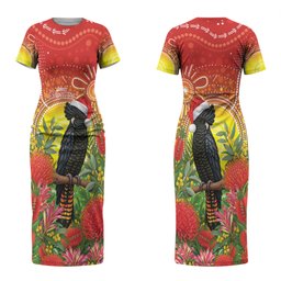 Australia Christmas Black Cockatoo Couples Matching Short Sleeve Bodycon Dress and Hawaiian Shirt Aboriginal Art
