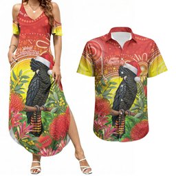 Australia Christmas Black Cockatoo Couples Matching Summer Maxi Dress and Hawaiian Shirt Aboriginal Art