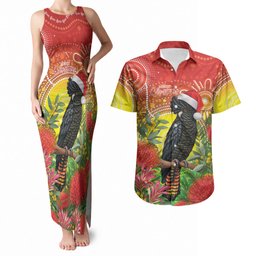 Australia Christmas Black Cockatoo Couples Matching Tank Maxi Dress and Hawaiian Shirt Aboriginal Art