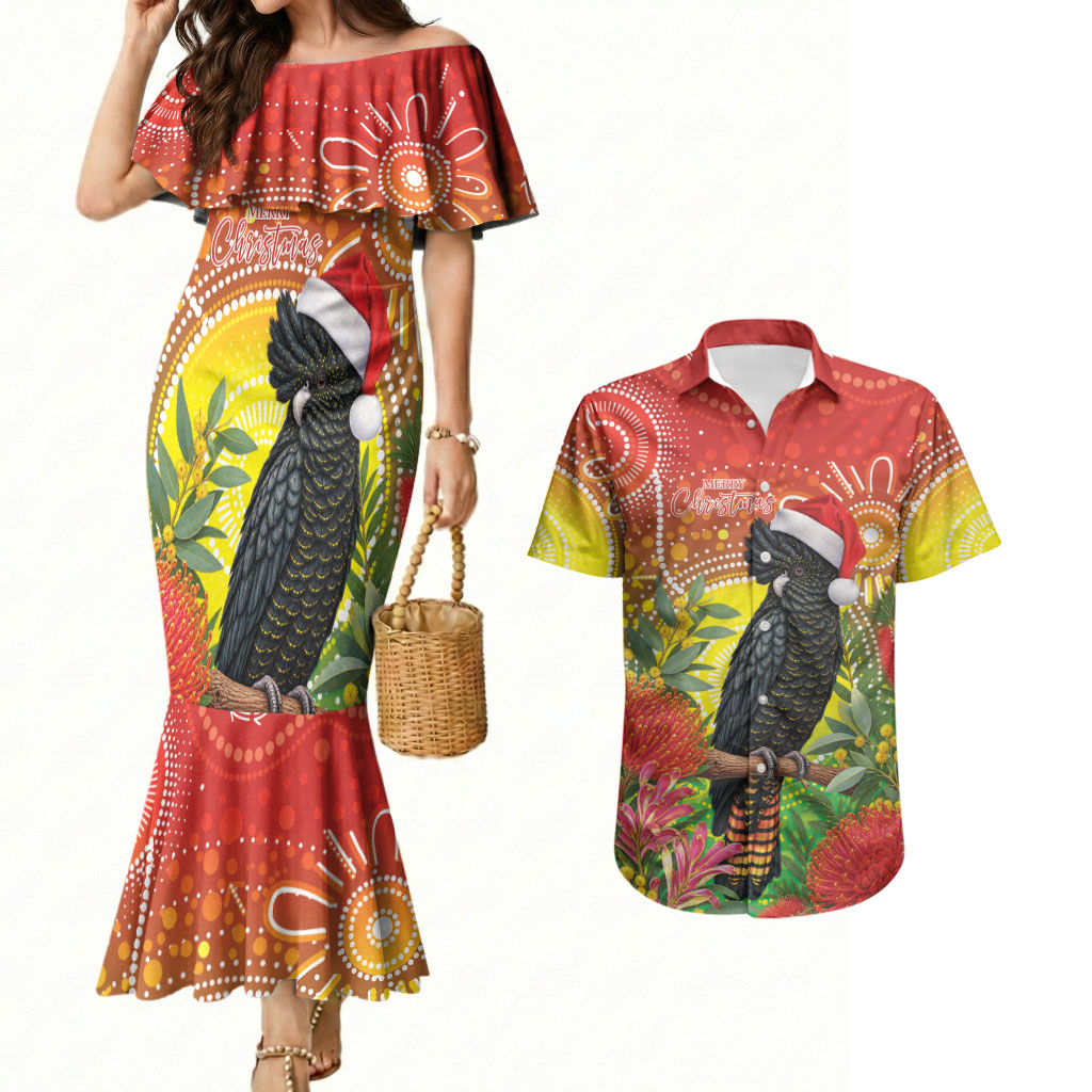 Australia Christmas Black Cockatoo Couples Matching Mermaid Dress and Hawaiian Shirt Aboriginal Art