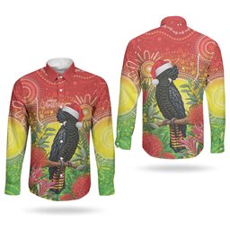 Australia Christmas Black Cockatoo Couples Matching Off Shoulder Maxi Dress and Long Sleeve Button Shirt Aboriginal Art