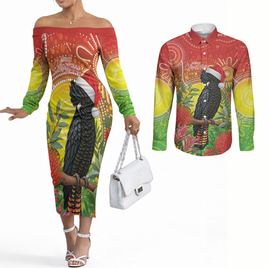 Australia Christmas Black Cockatoo Couples Matching Off The Shoulder Long Sleeve Dress and Long Sleeve Button Shirt Aboriginal Art