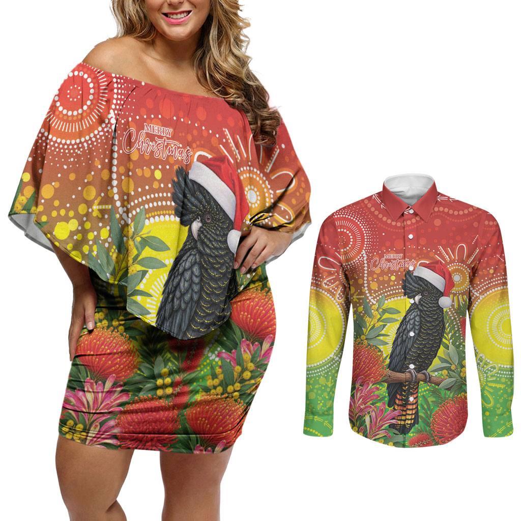Australia Christmas Black Cockatoo Couples Matching Off Shoulder Short Dress and Long Sleeve Button Shirt Aboriginal Art