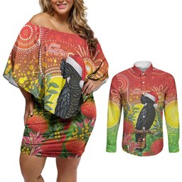 Australia Christmas Black Cockatoo Couples Matching Off Shoulder Short Dress and Long Sleeve Button Shirt Aboriginal Art