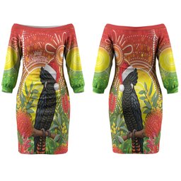 Australia Christmas Black Cockatoo Couples Matching Off The Shoulder Long Sleeve Dress and Long Sleeve Button Shirt Aboriginal Art