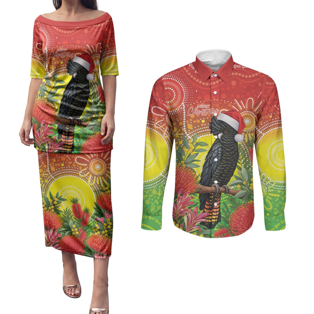 Australia Christmas Black Cockatoo Couples Matching Puletasi and Long Sleeve Button Shirt Aboriginal Art