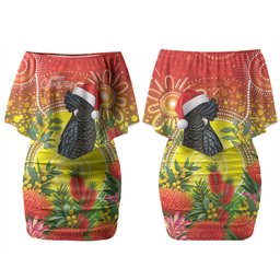 Australia Christmas Black Cockatoo Couples Matching Off Shoulder Short Dress and Long Sleeve Button Shirt Aboriginal Art