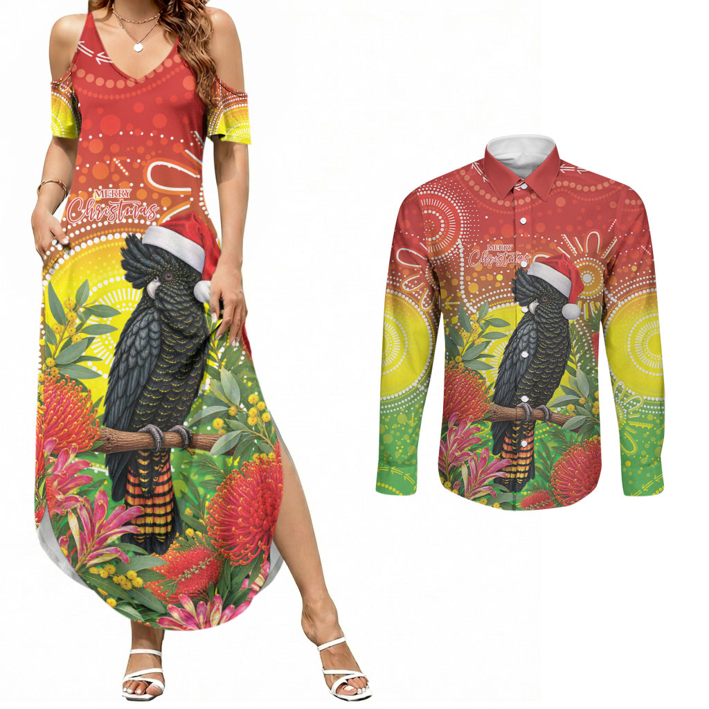 Australia Christmas Black Cockatoo Couples Matching Summer Maxi Dress and Long Sleeve Button Shirt Aboriginal Art