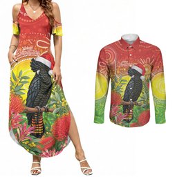 Australia Christmas Black Cockatoo Couples Matching Summer Maxi Dress and Long Sleeve Button Shirt Aboriginal Art