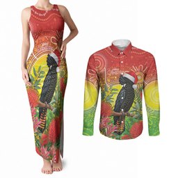 Australia Christmas Black Cockatoo Couples Matching Tank Maxi Dress and Long Sleeve Button Shirt Aboriginal Art