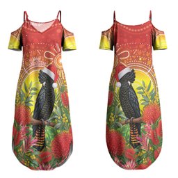 Australia Christmas Black Cockatoo Couples Matching Summer Maxi Dress and Long Sleeve Button Shirt Aboriginal Art