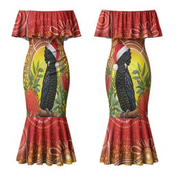 Australia Christmas Black Cockatoo Couples Matching Mermaid Dress and Long Sleeve Button Shirt Aboriginal Art
