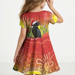 Australia Christmas Black Cockatoo Kid Short Sleeve Dress Aboriginal Art