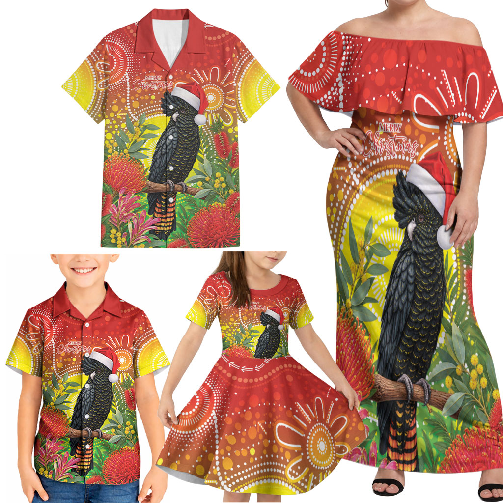 Australia Christmas Black Cockatoo Family Matching Off Shoulder Maxi Dress and Hawaiian Shirt Aboriginal Art