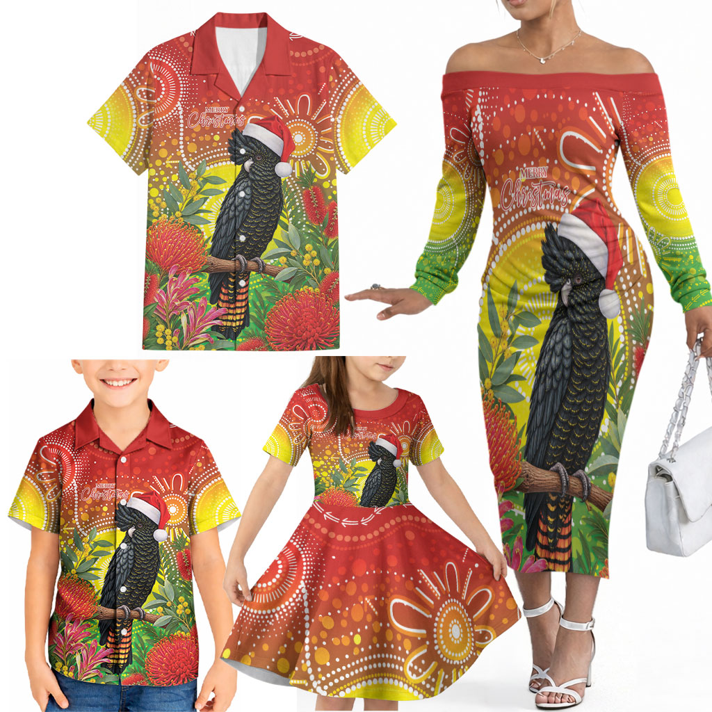 Australia Christmas Black Cockatoo Family Matching Off The Shoulder Long Sleeve Dress and Hawaiian Shirt Aboriginal Art