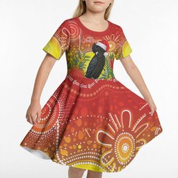 Australia Christmas Black Cockatoo Kid Short Sleeve Dress Aboriginal Art