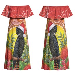 Australia Christmas Black Cockatoo Family Matching Off Shoulder Maxi Dress and Hawaiian Shirt Aboriginal Art