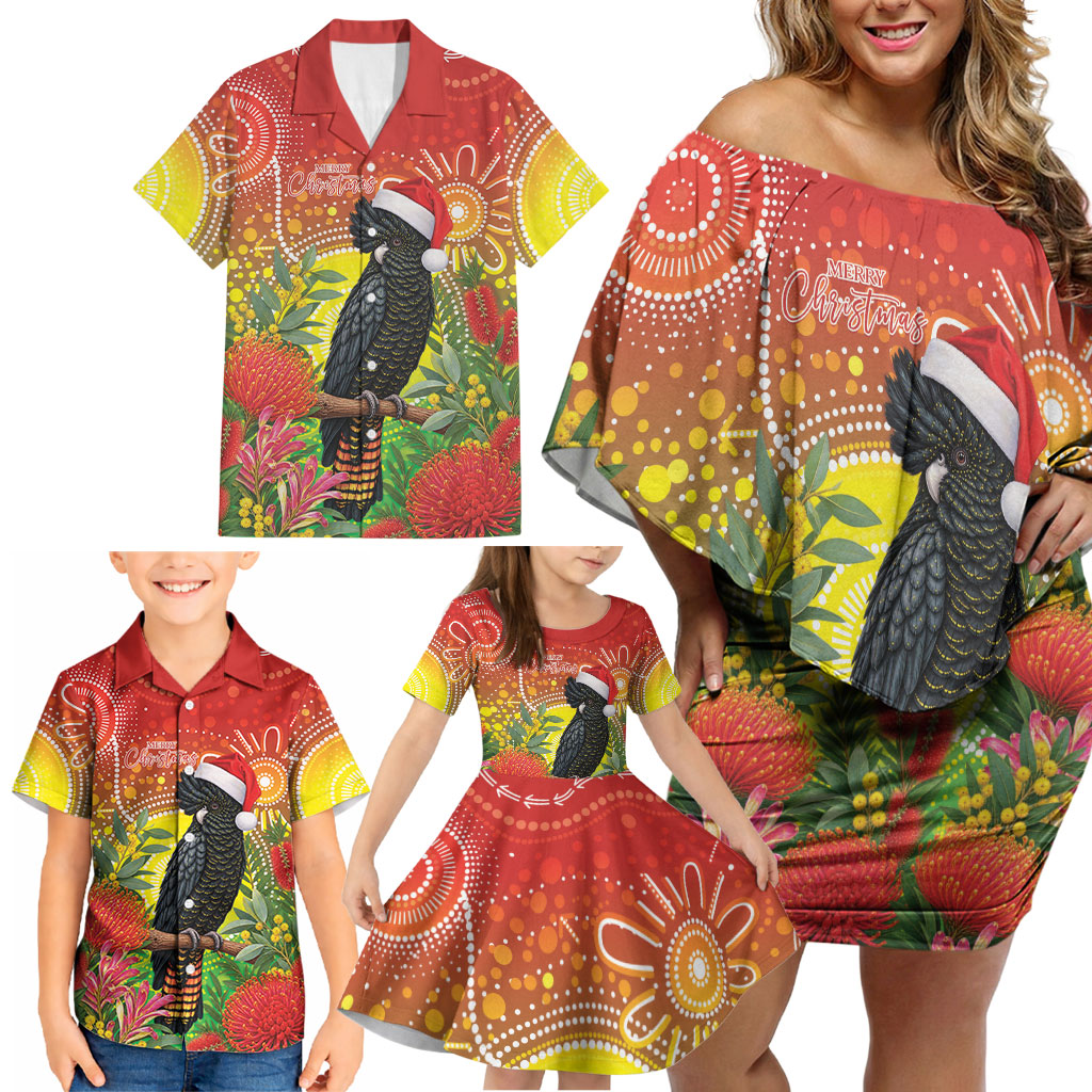 Australia Christmas Black Cockatoo Family Matching Off Shoulder Short Dress and Hawaiian Shirt Aboriginal Art