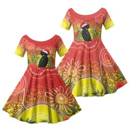 Australia Christmas Black Cockatoo Family Matching Off Shoulder Maxi Dress and Hawaiian Shirt Aboriginal Art