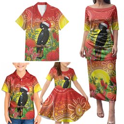Australia Christmas Black Cockatoo Family Matching Puletasi and Hawaiian Shirt Aboriginal Art