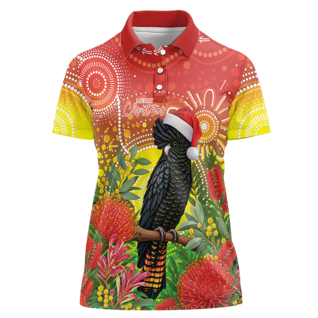 Australia Christmas Black Cockatoo Women Polo Shirt Aboriginal Art