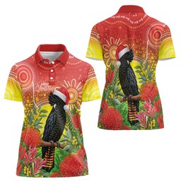 Australia Christmas Black Cockatoo Women Polo Shirt Aboriginal Art