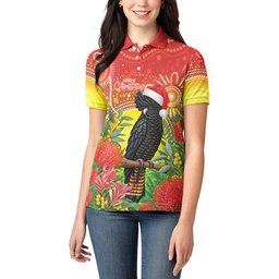 Australia Christmas Black Cockatoo Women Polo Shirt Aboriginal Art