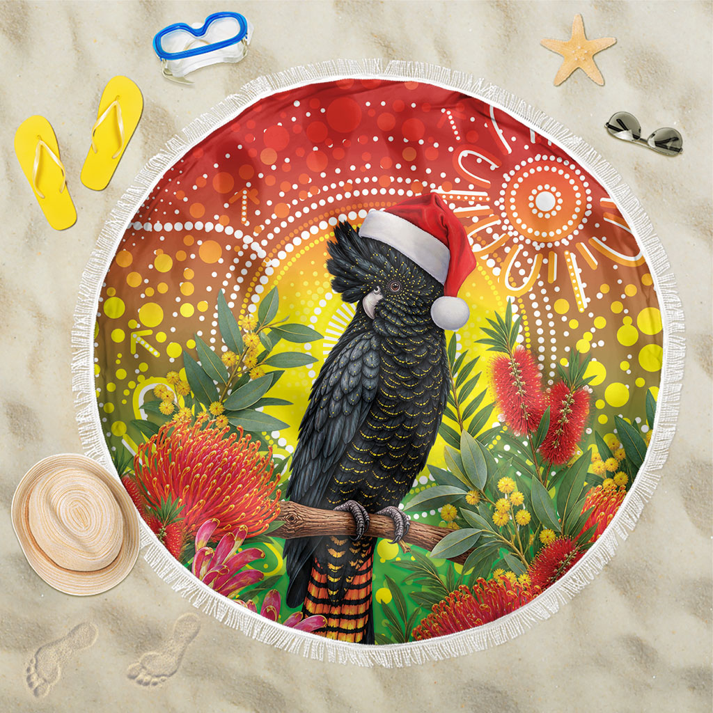 Australia Christmas Black Cockatoo Beach Blanket Aboriginal Art