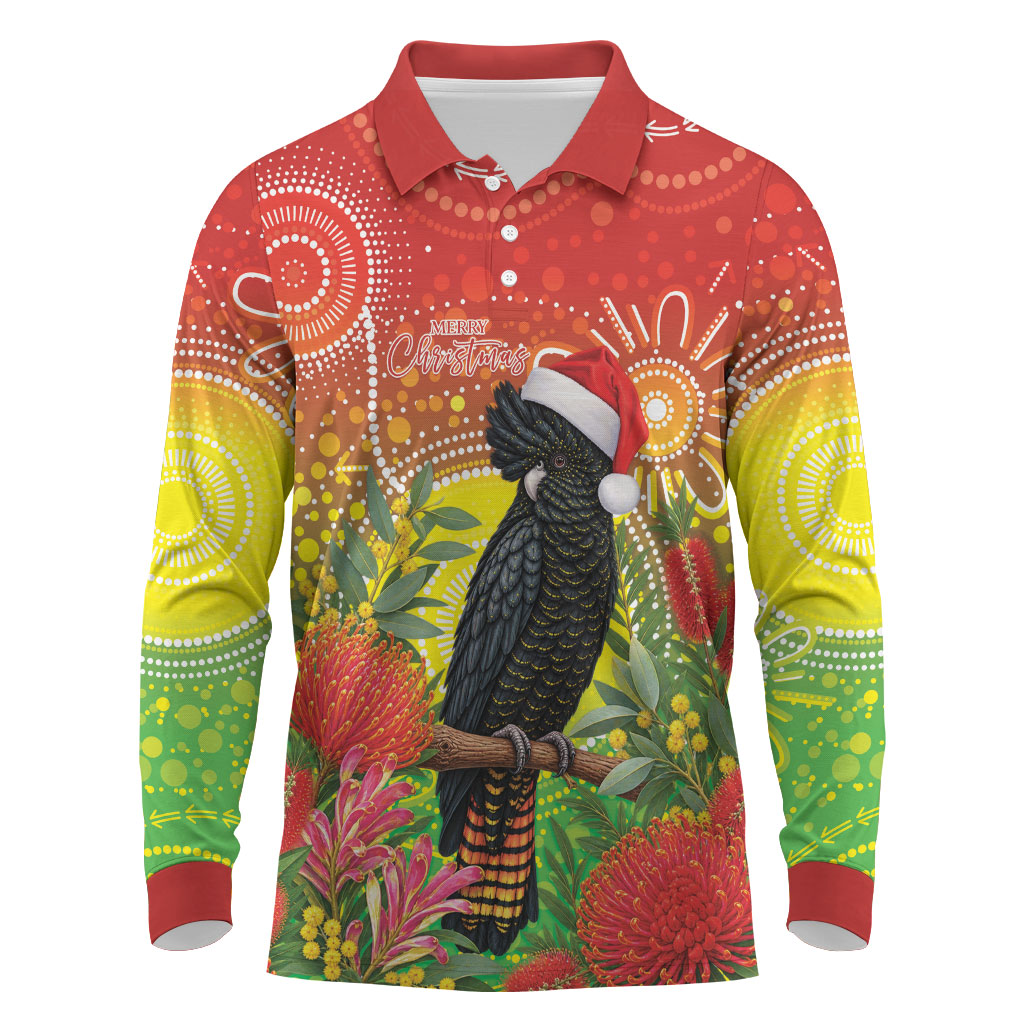 Australia Christmas Black Cockatoo Long Sleeve Polo Shirt Aboriginal Art