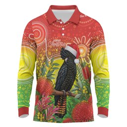 Australia Christmas Black Cockatoo Long Sleeve Polo Shirt Aboriginal Art