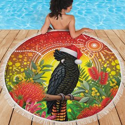 Australia Christmas Black Cockatoo Beach Blanket Aboriginal Art